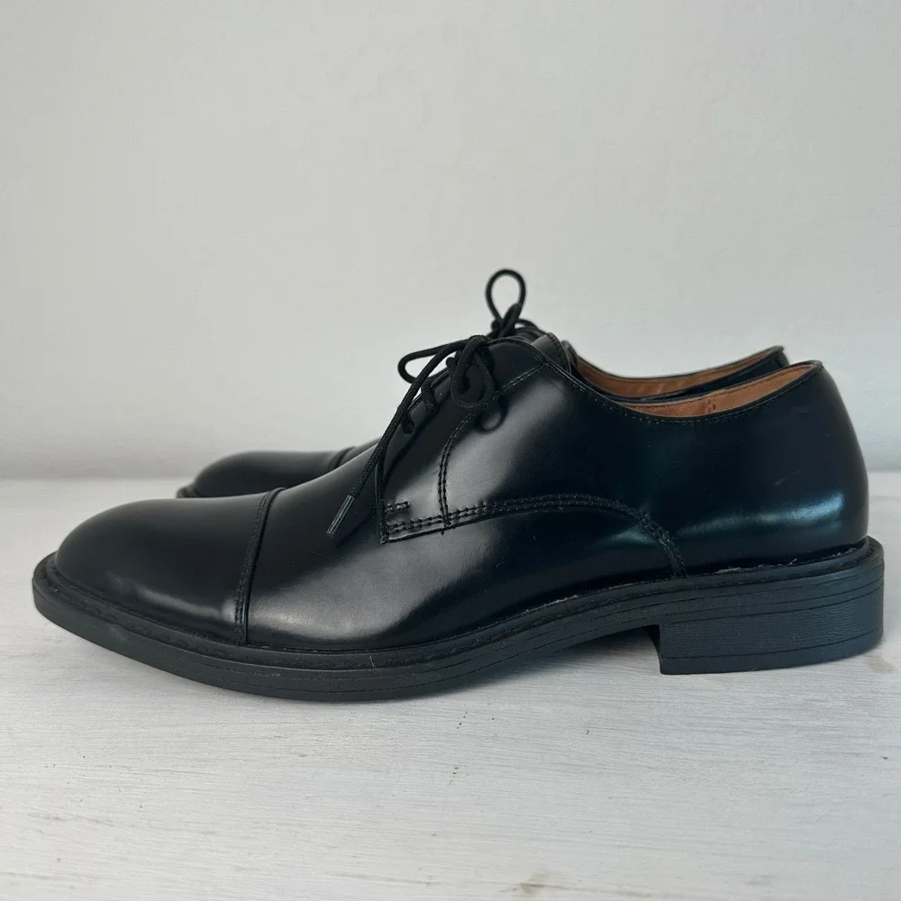 Steve Madden Oxford Shoes Mens 9 P-LUKY Black Leather Cap Toe Dress Shoes